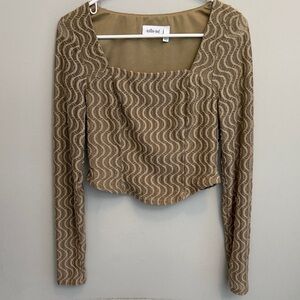 Willow Root Square Neck Crochet Long Sleeve Beige Crop Top. Size Large